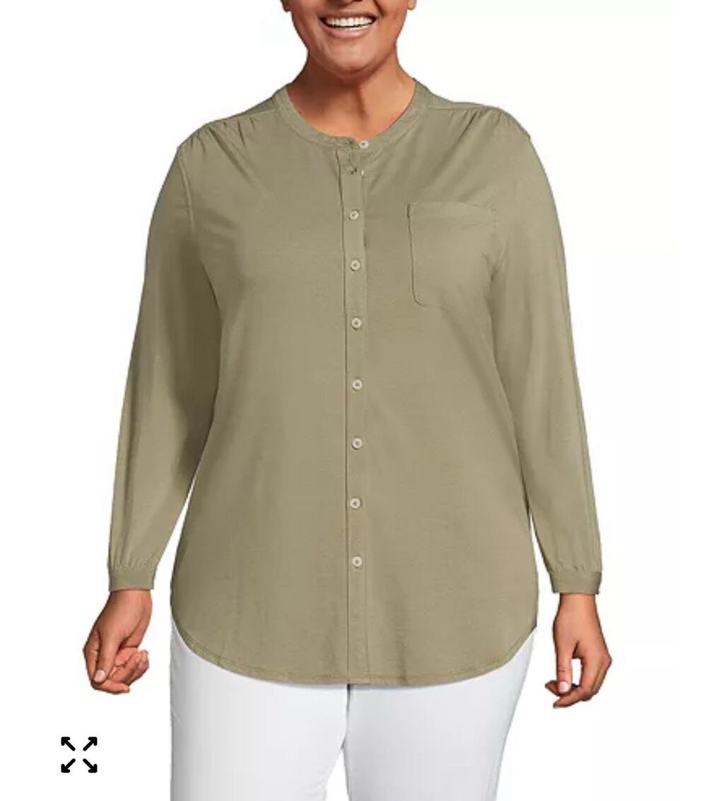 Lands' End Women 1X (16W-18W) Olive Green Long Sleeve Button Down Tunic Shirt